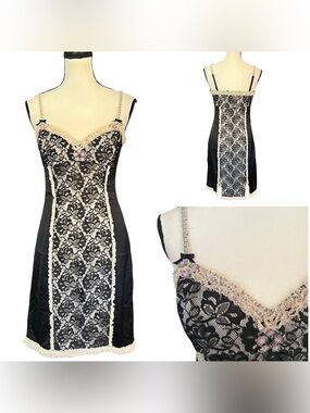 ❗️6HR SALE❗️ Vintage Betsey Johnson Sheer Lace Silk Floral Bow Pinup Slip Dress